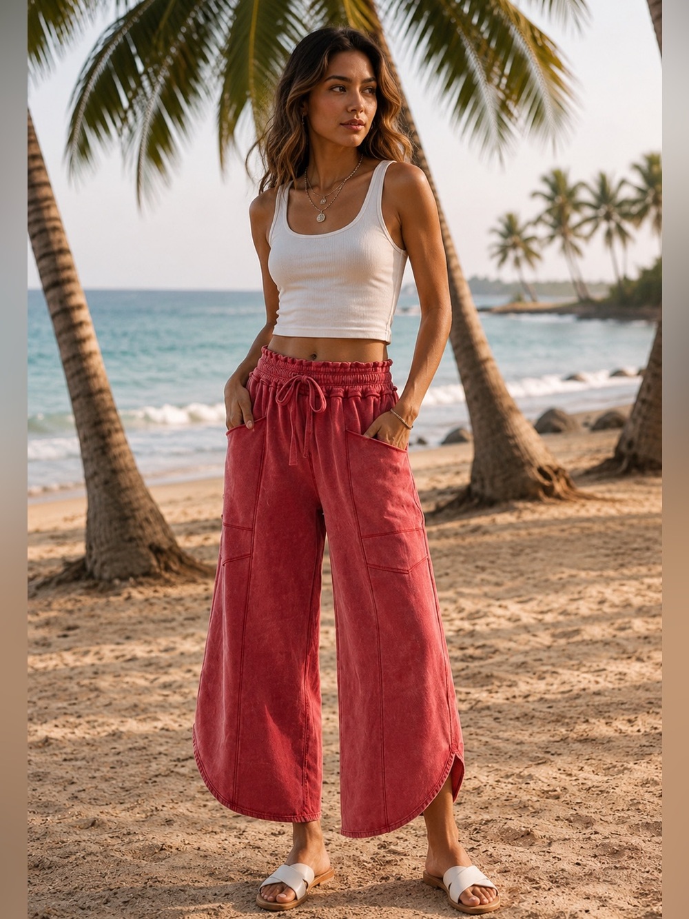 Wide Leg Drawstring Beach Pants in Rose Red